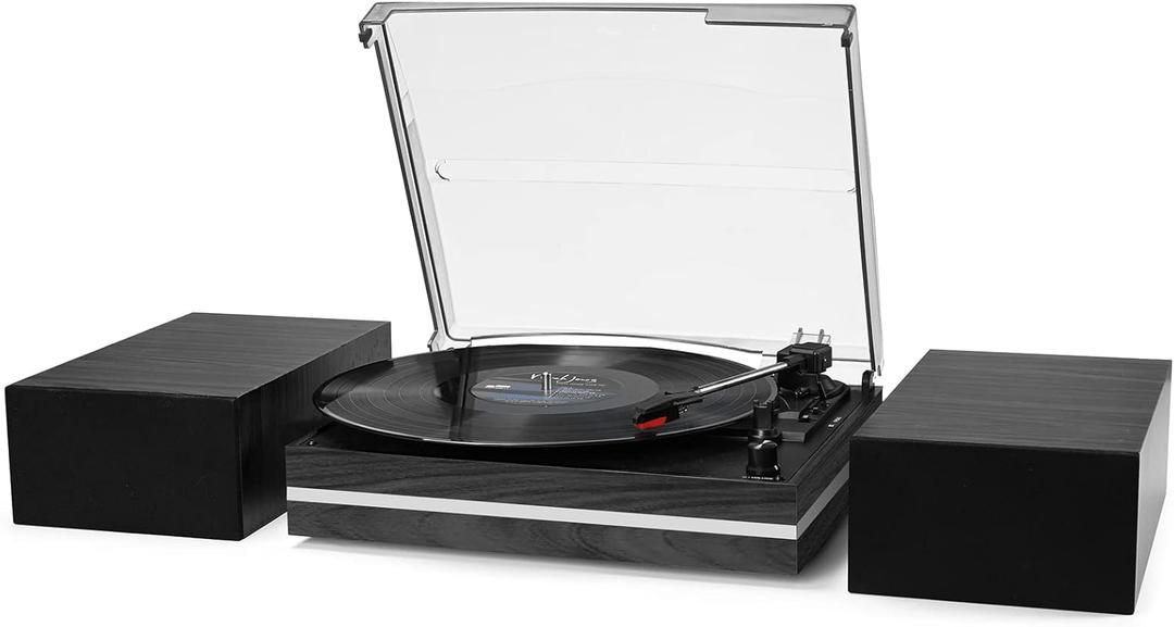 Record Player for Vinyl with External Speakers, Belt-Drive Turntable with Dual Stereo Speakers Vintage Vinyl LP Player Support 3 Speed Wireless AUX Headphone Input Auto Stop for Music Lover Black