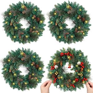 4 Pieces 20 inch Large Artificial Pine Wreaths with Lights, Pine Cones, Farmhouse Wreath Christmas Outdoor Green Christmas Wreaths for Windows Front Door Outside (4, 20inch)