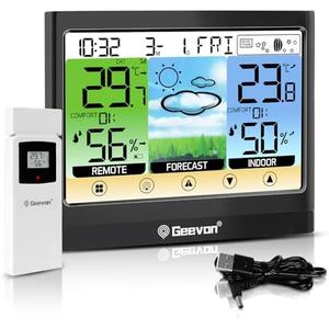 Geevon Weather Stations Wireless Indoor Outdoor Thermometer Hygrometer with Dew Point, Heat Index, Touch LCD Display Digital Weather Thermometer with Alarm Clock and Adjustable Backlight