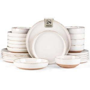 AmorArc Dinnerware Sets with Pasta Bowls for 6, Handpainted Stoneware Plates and Bowls Set with Rustic Terracotta Underside, Scratch Resistant Dishes Set, Dishwasher & Microwave Safe, 24 Pcs