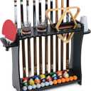 XCSOURCE Pool Stick Holder Floor Stand, 2-IN-1 Pool Cue Rack & Ping Pong Paddle Holder, 100% Solid Wood Holds 9 Cues Full Set of Balls, Billiards and Table Tennis Accessories for Man Cave, Game Room