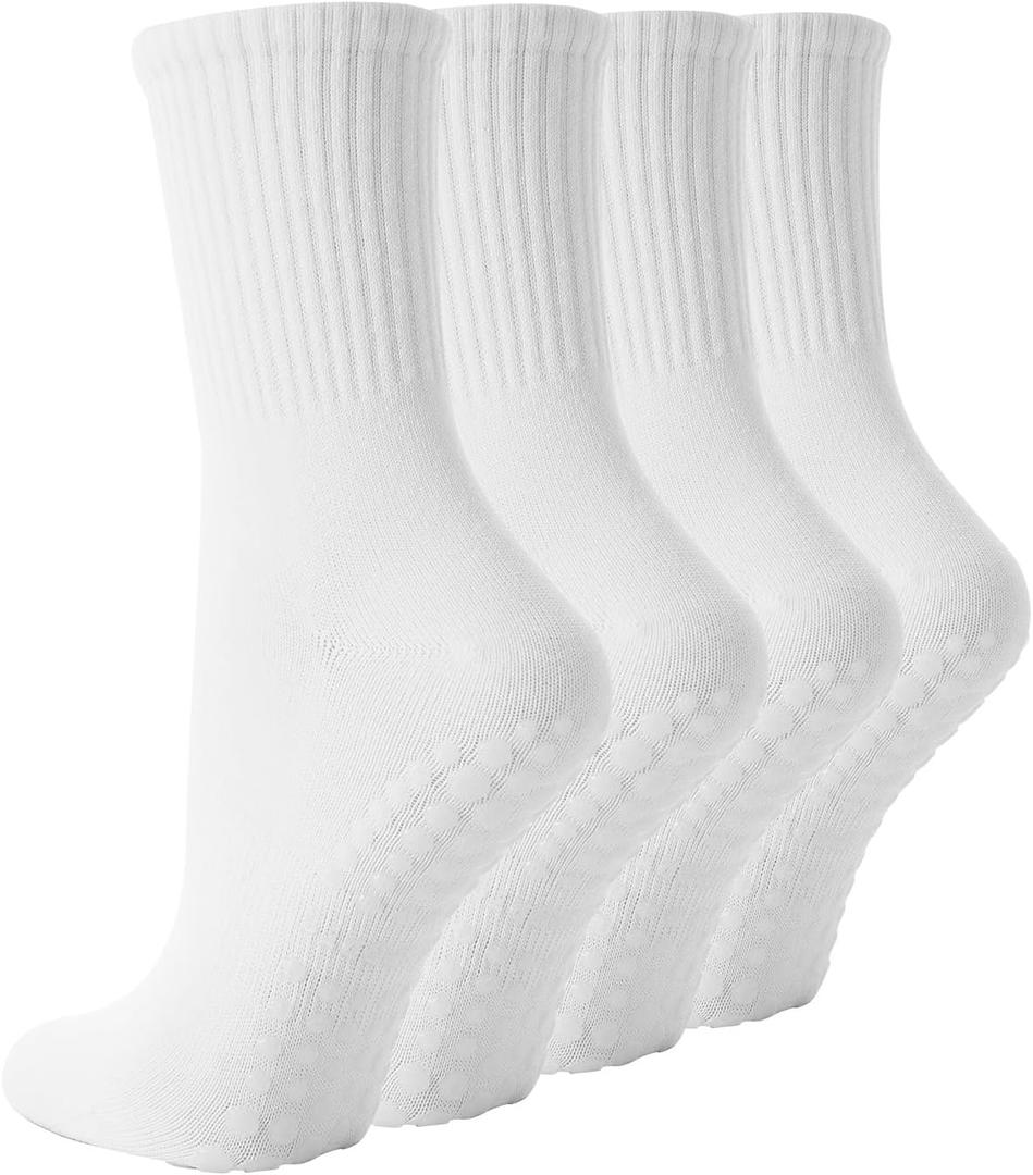 4 Pairs Pilates Socks with Grips for Women, Non Slip Yoga Athletic Ballet Barre Dance Workout Crew Socks (White)