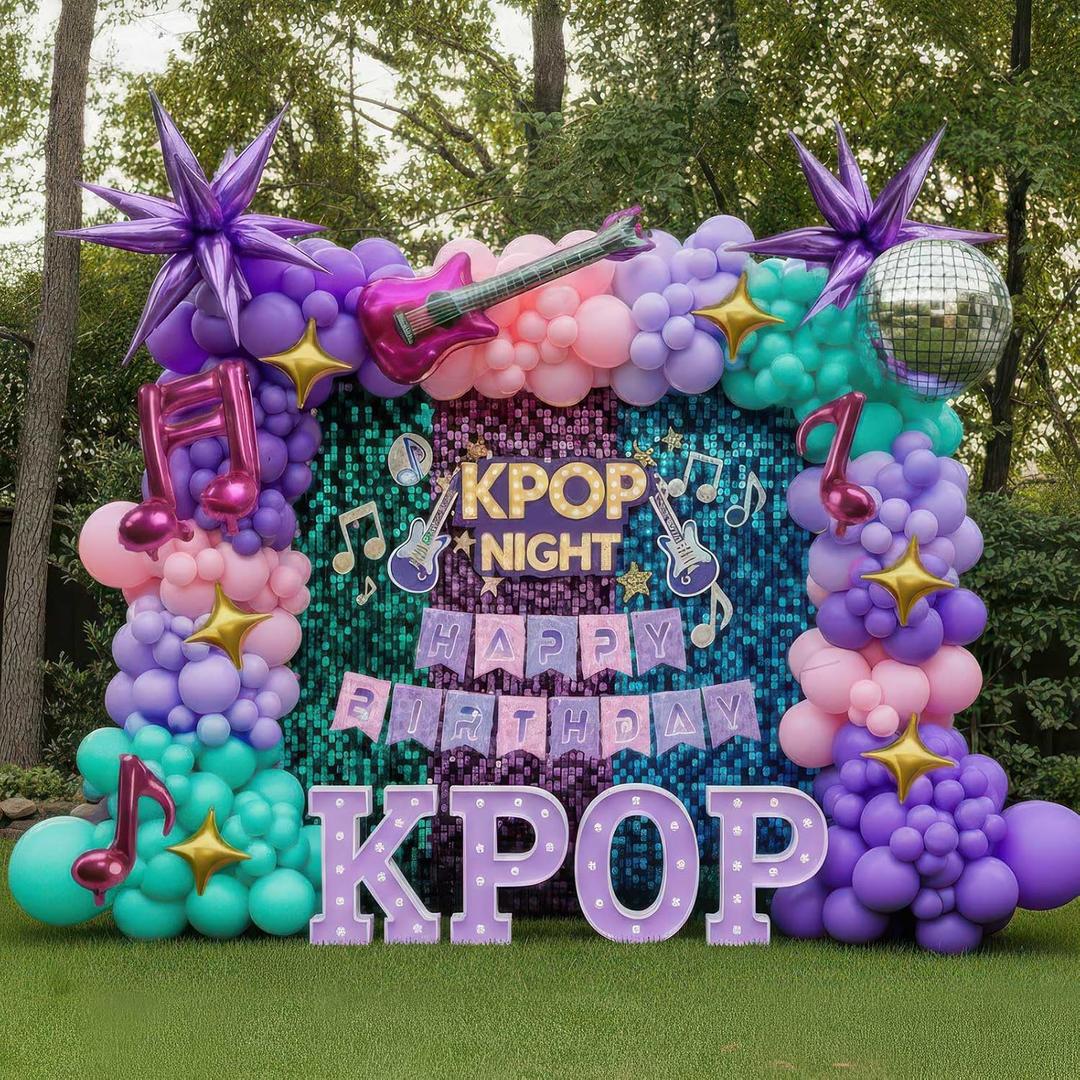 Purple pink Balloon Arch Garland Kit with Banner Musical symbols Disco Star mylar balloons for kpop music Birthday Decorations Y2K Concert Movies Tv fans Prom Party Supplies (Purple pink)