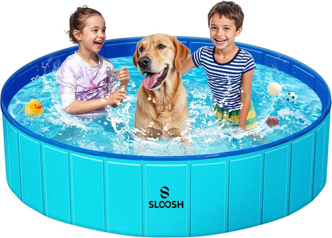 SLOOSH Foldable Dog Kiddie Pool - Portable Hard Plastic Doggie Swimming Pool, Anti-Slip Collapsible Pets Bath Tub Suitable for Kids Indoor Outdoor Backyard Use (Blue, 63" x 12")