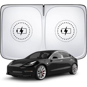 5 x Tesla Model Y Window Shade, Tesla Model 3 Sunshade with Triple-Layer Insulation, Custom Fit Sunshade for Tesla S, X, 3 and Y. This is The Best Tesla Model Y Sunshade, You Should Try it! (Battery Charging Icon)