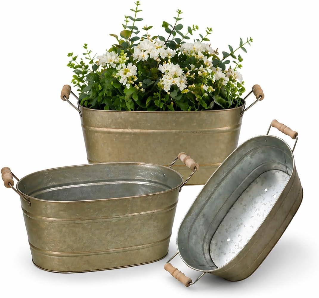 vensovo 15 Inch Galvanized Planters for Outdoor Plants - 3 Pcs Rustic Large Metal Flower Buckets with Drainage & Plug, Farmhouse Style Oval Planter Containers with Handles, Great for Home Decor