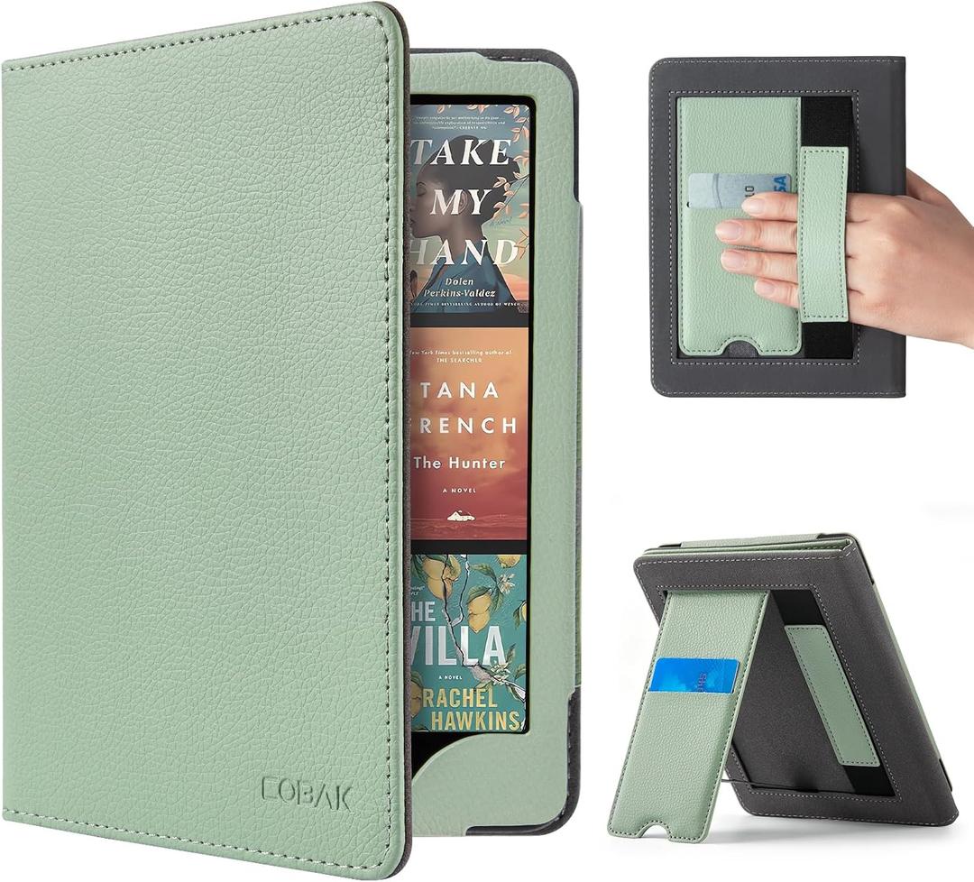CoBak Case with Stand for Kindle Paperwhite 12th Gen 2024 Released (7") & Kindle Colorsoft Signature Edition - Durable PU Leather Cover with Auto Sleep Wake, Card Slot, Hand Strap Feature, Sage Green