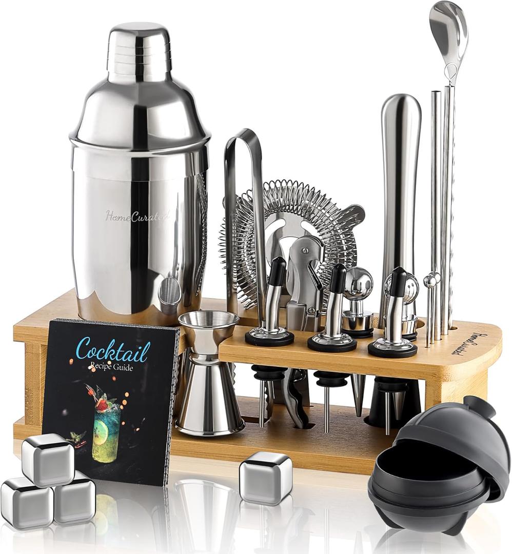 Cocktail Shaker Set, 24-Piece Bar Bartender Kit with Stand, Martini Shaker, Jigger, Strainer, Mixer Spoon, Muddler, Liquor Pourers, Tongs,Opener, LCE Ball Mold & LCE Cubes, Bottle Stoppers, Silver