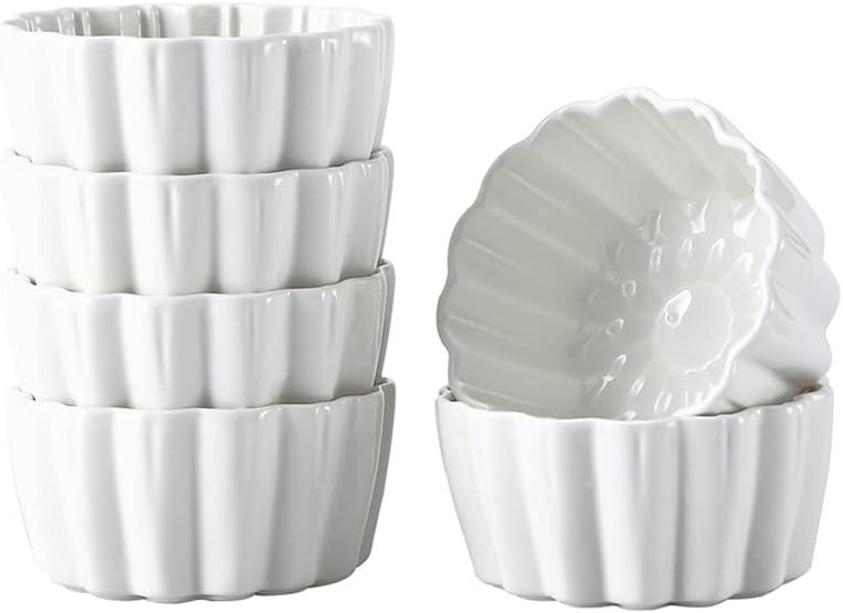 Ceramic Ramekins 6 Oz - Creme Brulee, Souffle Porcelain Ramekins Oven-Safe, Pudding Custard Cups For Baking, Dishwasher And Microwave Safe, Cute-Shaped, 6 Piece Set, White