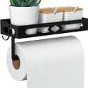 Paper Towel Holder Wall Mount for Kitchen, Easy One-handed Operation Design, Self Adhesive Paper Towel Holder with Shelf for Bathroom, RV Paper Towel Rack Paper Roll Holder with 2 Hooks, Black