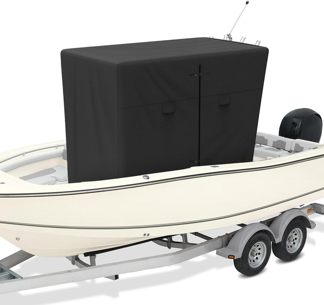900D T-Top Console Boat Cover, Waterproof Heavy Duty Tear-Resistant Polyester for Center Console Boat with T-Top Roof, Black(90" L x 67" W x 87" H)