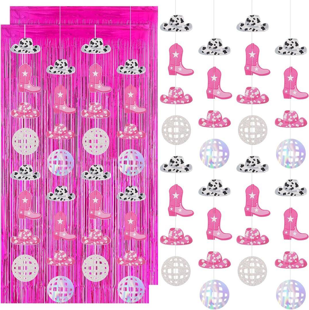 10 Pcs Western Cowgirl Disco Bachelorette Party Decoration Banners Backdrop Foil Curtain Glitter Cowgirl Disco Ball Garland String for Cowgirl Theme Party Booth (Hot Pink)