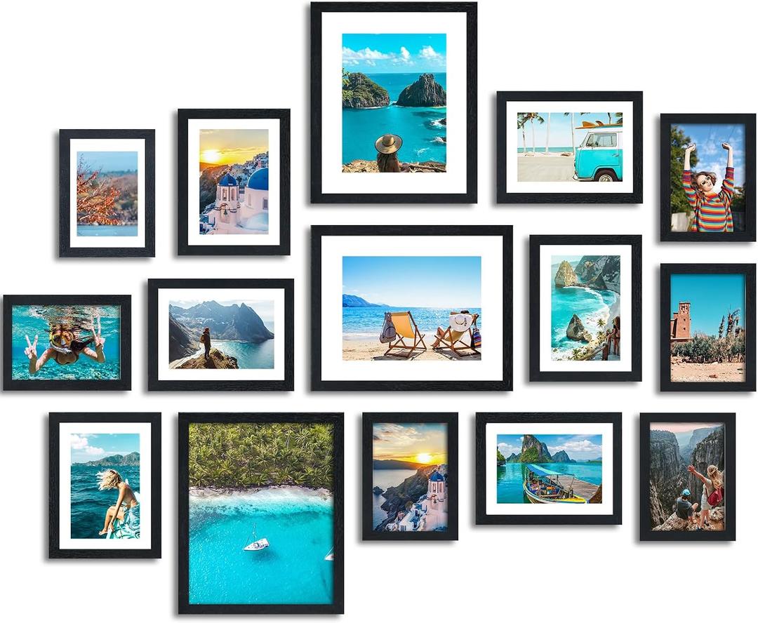 Fixwal Picture Frames Set, 15 Pack Black Picture Frames Collage Wall Decor for Assorted Photos, Three 8x10, Six 5x7, Six 4x6 for Wall Hanging or Tabletop Display