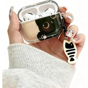 Cute Cartoon Black Cat Case for AirPods 3rd Generation with Fish Keychain, Clear Protective Cover Compatible with AirPods 3 Gen for Girls Women Boys