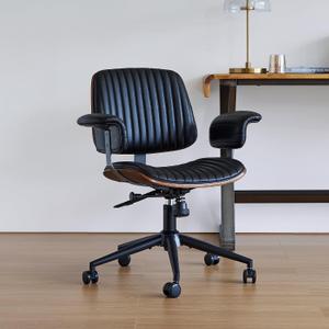 Genuine Leather Home Office Chair, Mid-Century Modern Executive Desk Chair with Padded Armrests, 360° Swivel Ergonomic Task Chair,Adjustable Height (Genuine Leather-Black)
