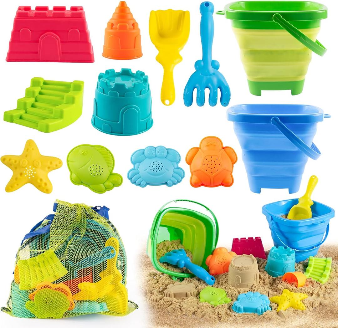 Collapsible Beach Toys Set for Kids,Sand Bucket Shovel, Rake, Mesh Bag 4 Molds & Castle Building Set for Beach Travel,Sandbox Toys, Foldable Beach Essentials for Toddlers 3-10(Blue&Green)