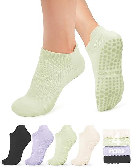 4 Pairs Non Slip Pilates Socks with Grips for Women, Grip Socks for Yoga Ballet Barefoot Workout Anti Skid Athletic Socks, 6-8 