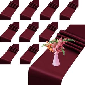 10 Pack Satin Table Runner Burgundy 12 x 108 Inch Long, Bright Silk Table Runner Smooth Fabric Table Decor for Wedding Birthday Banquet Party Christmas Decoration