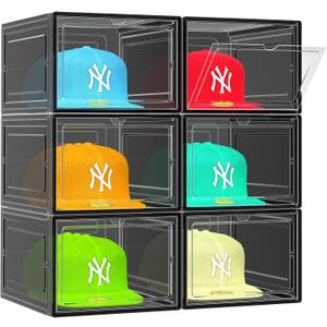 SCAVATA Hat Organizer Box, Stackable Clear Baseball Caps Holder Box Containers with Magnetic Door for Hats Snapback Cap Storag, Hat Rack Display Case, Holds 8 Hats Each (Black, 2 Pack)