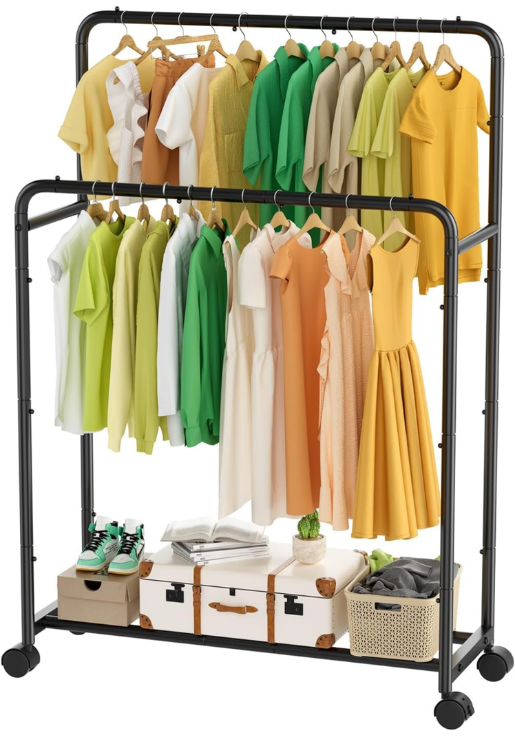 Simple Trending Clothing Clothes Rack Double Rods with Wheels, Rolling Metal Garment Rack for Hanging, Black