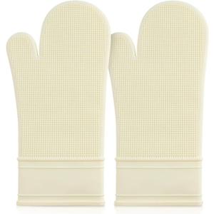 Silicone Oven Mitt Set 7"x14", Extra Long Oven Mitts Heat Resistant Non-Slip Quilted Liner Kitch Oven Gloves for BBQ, Baking, Cooking, Beige