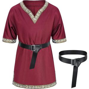 Kids Medieval Costume Boys Viking Tunic Knight Warrior Renaissance Shirts with Belt (8-10 Years, Red)