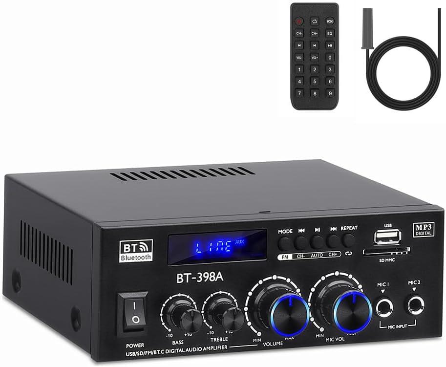 BT-398A Stereo Amplifier Receivers, Bluetooth 5.0 Audio Amp 2.0 Channel 60W+60W Rated Power Mini Speakers Sound Amplifiers Digital Amps w/FM Radio USB SD Card for Home Theater Audio System