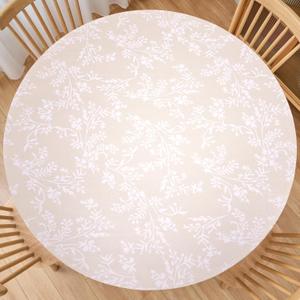 LIBERECOO Round Vinyl Fitted Tablecloth with Flannel Backing Elastic Edge Plastic Table Cover - Warm Brich - Waterproof Stain-Resistant Wipeable Tablecloths 44"L x 44"W 