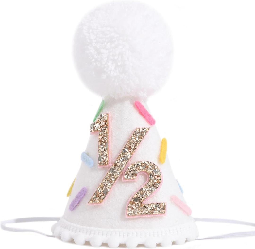 Donut 1/2 Birthday Hat - Sweet 6 Months Birthday Party Decorations,Colorful Donut White Cone Hat,Half Way To One Cake Smash Photo Props,Gold Glitter Number 1/2 Party Crown