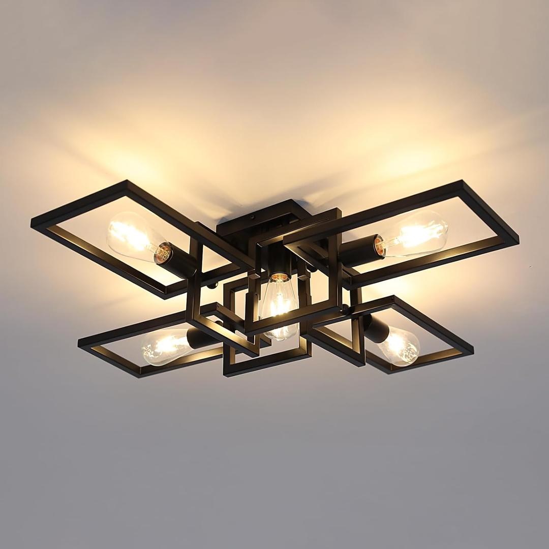 ZGLAOJT Black Industrial Semi Flush Mount Ceiling Light 5-Light Kitchen Light Fixtures Modern Large Matte Sputnik Chandelier for Dining Room Bedroom Farmhouse Living Room