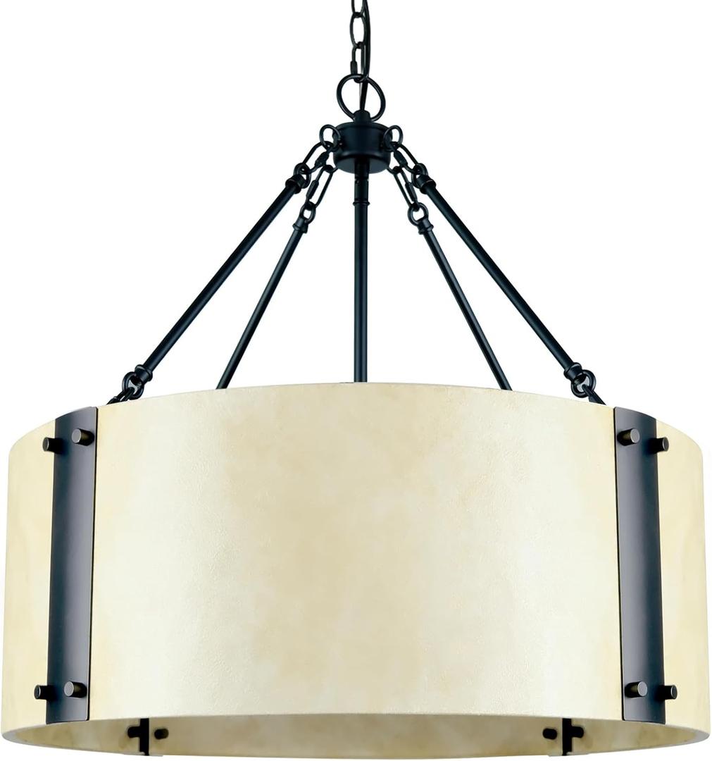 Chandelier Lighting Fixture, 4-Light, Retro White Drum Shade, Rustic Industrial Hand-Painted Pendant for Kitchen Island Living Dining Room Over Table, 23" W x 21.5" H (Retro-White, 23 Inches)