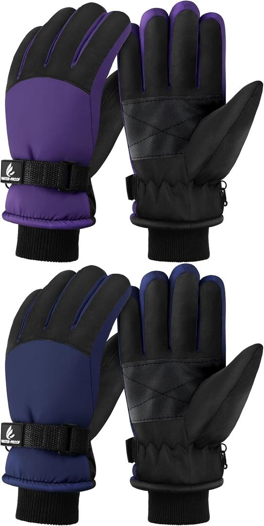 Wenouy Kids Winter Gloves Waterproof Snow Ski Gloves for Boys Girls Warm Adjustable Accessories for Cold Weather (6-8 Years, Navy Blue, Purple)