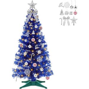 4 Ft Artificial Mini Blue Christmas Tree with 100 Warm White Light 68 Ornaments 3D Star Christmas Ball Bow Snowflake Gift Box Deer Timer Battery Operated Xmas Tree Hanukkah Decorations for Home Party