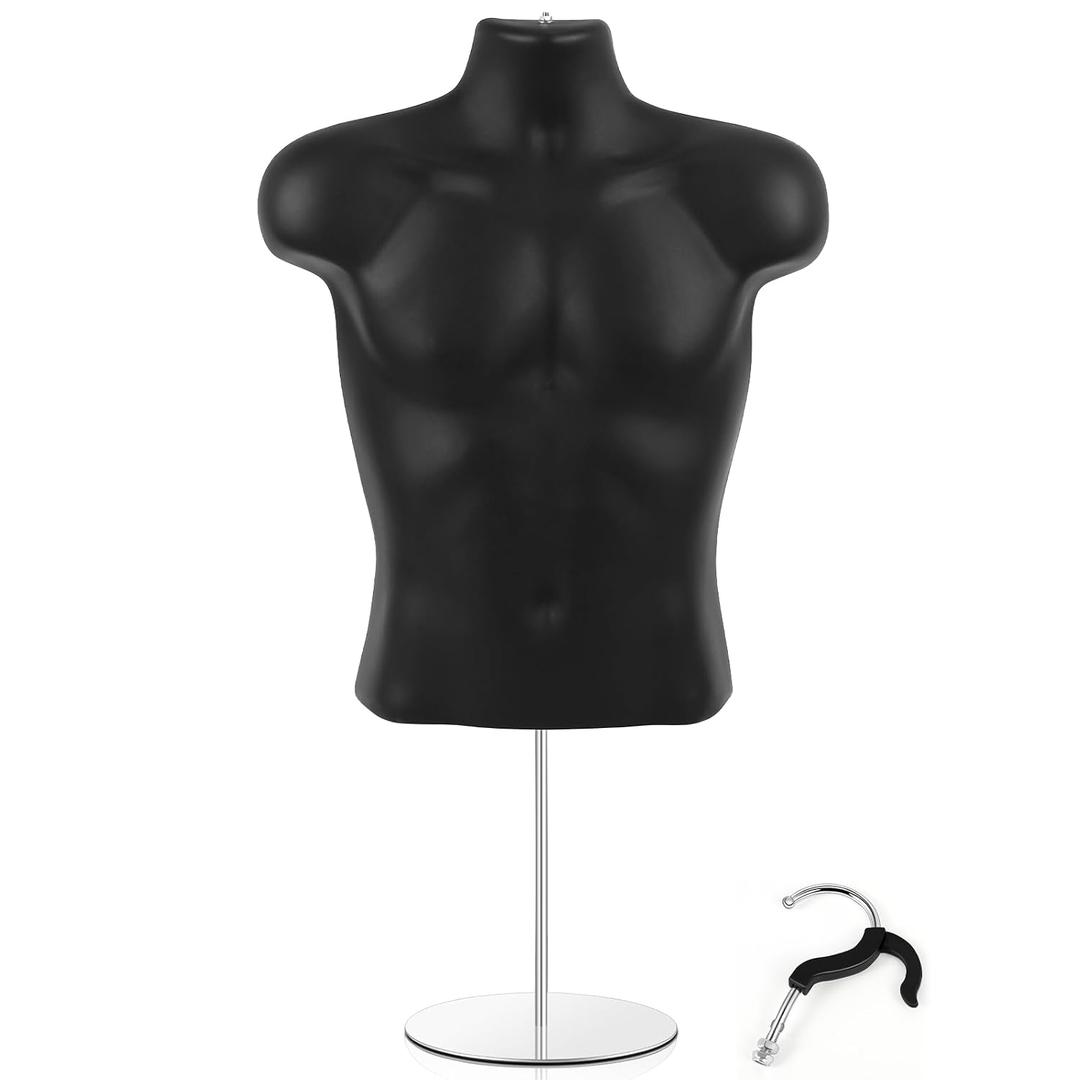 Geetery 1 Pack Male Mannequin Torso Half Body Mannequin with Stand and Hanging Hook Stackable Dress Form Hollow Back for Tshirt Display, Countertop, Craft Shows, Photos and Design, Small-Medium Size, 23.3 x19.3 inches/ 59 x 49 cm