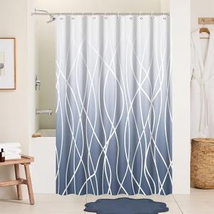 Ombre Blue Striped Shower Curtain for Bathroom 60"x72", Geometric Modern Shower Curtain Set with Hooks 72 Inches Long Fabric Waterproof Hotel Bath Accessories Machine Washable