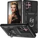 for Samsung Galaxy S22 Ultra Case with Slide Camera Cover&Card Slot& Ring Kickstand Shockproof Military Grade Heavy Duty Case Support Car Magnetic Holder for Galaxy S22 Ultra 6.8"-Black