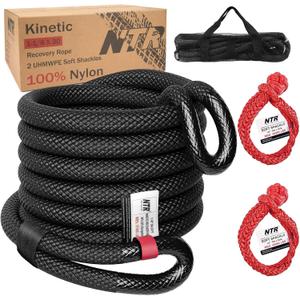 NTR 1-1/8" x 30' Kinetic Recovery Tow Rope (37,480lbs), with 2 UHMWPE Soft Shackles (40,980lbs), Heavy-Duty Offroad Snatch Strap, Vehicle Recovery kit for Jeep car Truck ATV UTV SUV, Black