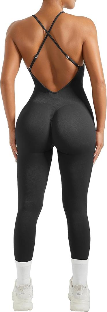 MOOSLOVER Women Strappy Backless One Piece Jumpsuits Tummy Control Padded Workout Rompers (Small, #1 Black)