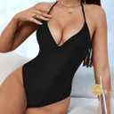 Sexybody Women' s One Piece Sexy Swimsuits Halter Tie Back V Neck Low Back Bathing Suit Ruched Butt High Cut Swimsuit Thong (Black, L)