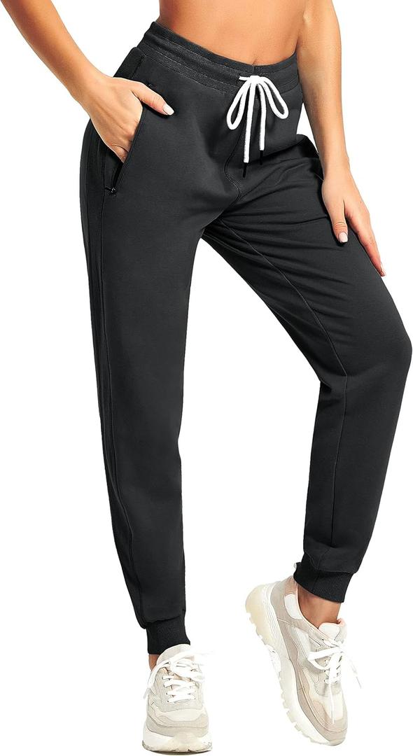 PULI Women Workout Sweatpants Cotton Jogger Ribber Splicing Lounge Sweat Pants with Zipper Pocket (Large, Black)