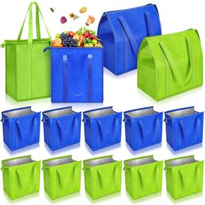 10 Pack Large Insulated Grocery Bags Reusable Shopping Bags with Zippered Top 13 x 12 x 7 Inch Thermal Cooler Totes Bulk with Handles for Hot Cold Food Delivery Refrigerator (Green,Blue)