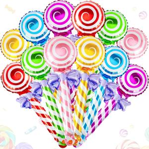 Gejoy 12 Pcs Sweet Candy Balloons Round Lollipop Balloons Handheld Foil Candy Party Decorations for Christmas Birthday Party Baby Shower Wedding Classroom Decorations Holiday Props Theme Gift Supplies