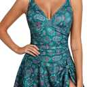 Aleumdr Ribbed One Piece Swimdress Swimsuits for Women Tummy Control Tie Knot Swim Skirt V Neck Bathing Suit (Blue, M)