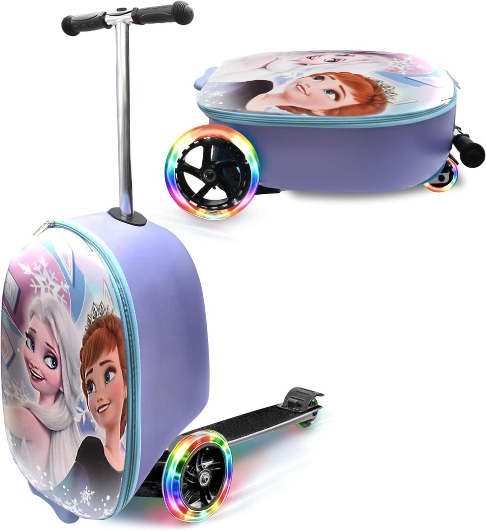 Disney Frozen Princess Suitcase Scooter for Kids - Girls Scooter Luggage with Light Up Wheels, Easy Steer and Foldable Carry On Kick Scooter for Toddler, Boys, Girls, Great Travel Gift Idea