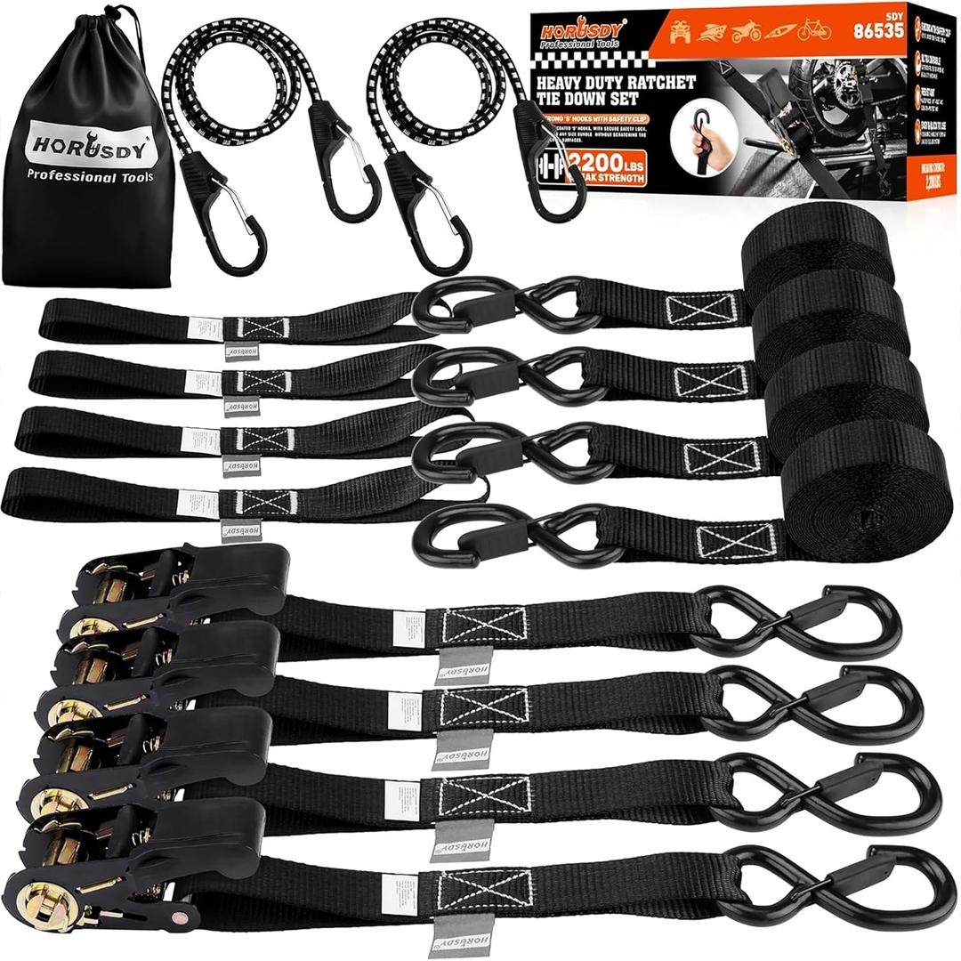 HORUSDY Ratchet Straps Heavy Duty, Tie Down Straps Ratchet Set, 2200 LB Break Strength, Safety Lock S Hooks, Best for Moving, Securing Cargo, Kayaks, Mountain (4 PackBlack) (Black-New Model)