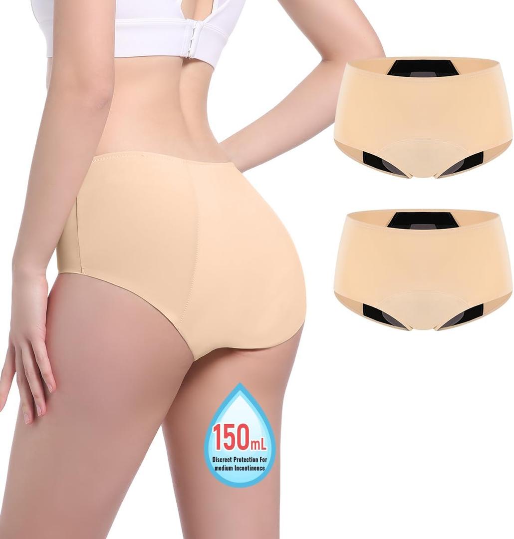 Carer Incontinence Underwear for Women Washable 150ml High Absorbent Leak Proof Underwear for Women Bladder Leak Womens Incontinence Panties 2 Pack Beige L
