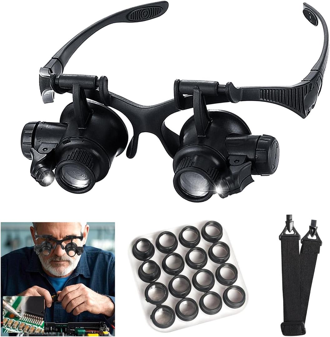 Head Mount Magnifying Glass with LED Light, Jewelers Loupe Magnifier with 8 Interchangeable Lens 2.5X/4X/6X/8X/10X/15X/ 20X/25X for Close Work/Electronics/Eyelash/Crafts/Jewelry/Repair