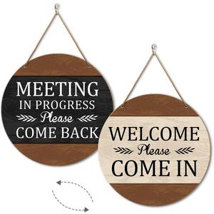 In A Meeting Sign for Office Door, Meeting In Progress Office Door Sign, Welcome Please Come In Round Double Sided Wood Signs Decor