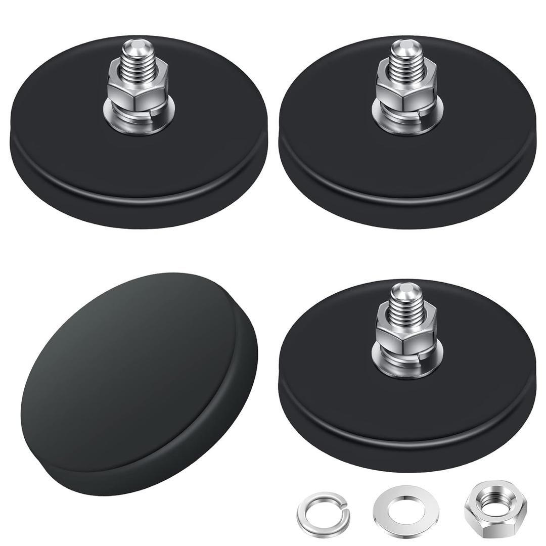 Flutesan Neodymium Magnet Rubber Coated Mounting Small Scratch Safe Black Stud Magnet Painted Surface Waterproof M6 Threaded with Bolts Nuts for Lighting Camera Tools(4 Packs,Black,2.6 Inch)