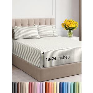 Extra Deep Pocket Cal King Sheets - 4 Piece Breathable & Cooling Bed Sheets - Hotel Luxury Bed Sheet Set - Soft, Wrinkle Free & Comfy - Easily Fits Extra Deep Mattresses - Beige Striped Sheets Set